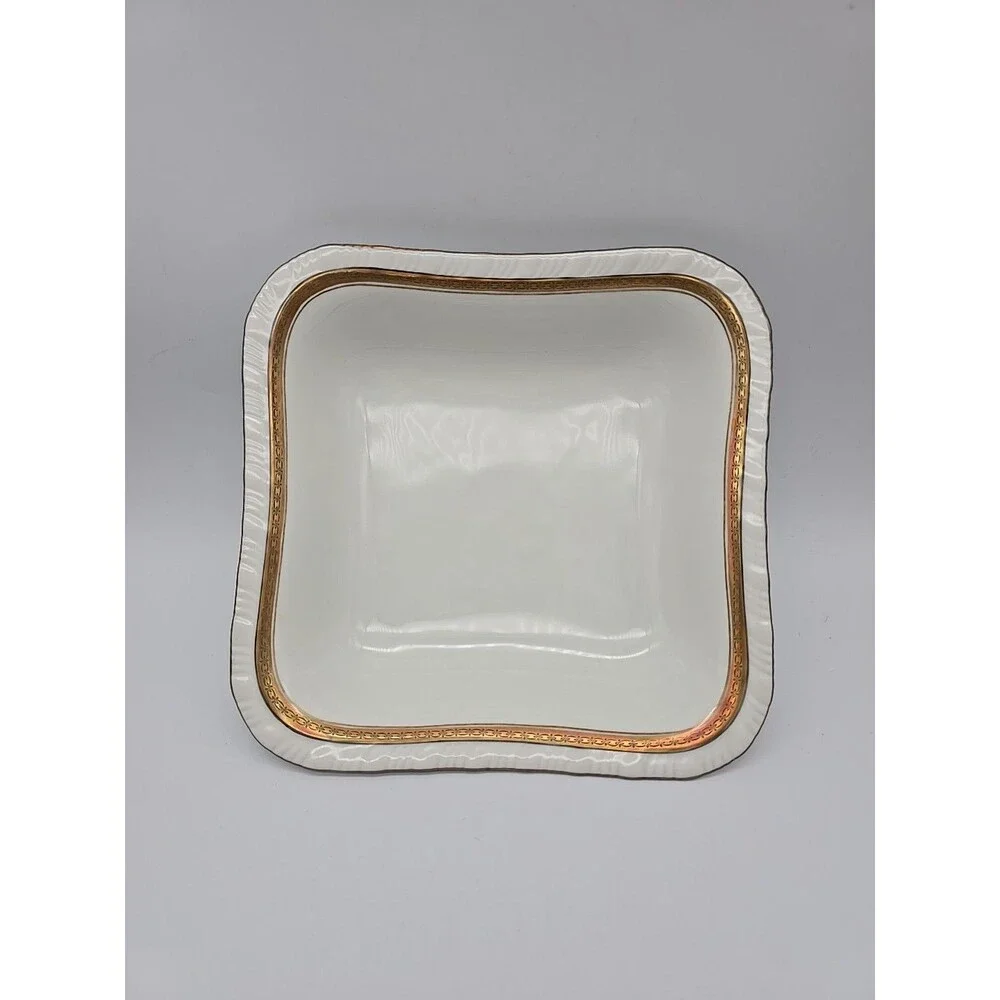Rorstrand Sweden Large Square Porcelain Bowl #521 Gold Ribbon Pattern 8.5